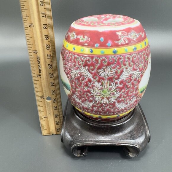 Republic Of China Porcelain Ginger Jar Canister Container Wood Stand Marked VTG - Picture 4 of 16